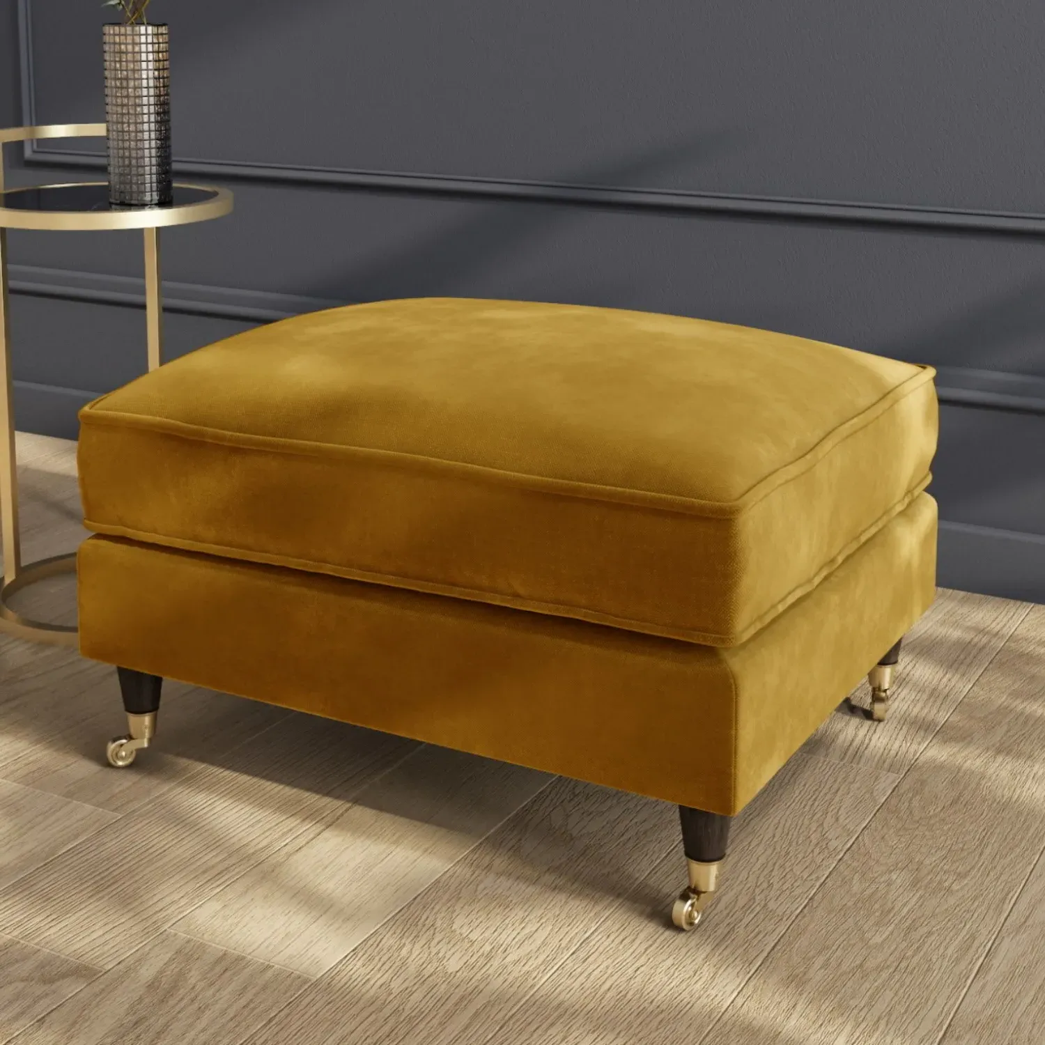 Large Footstool with Castors - Mustard, Velvet
