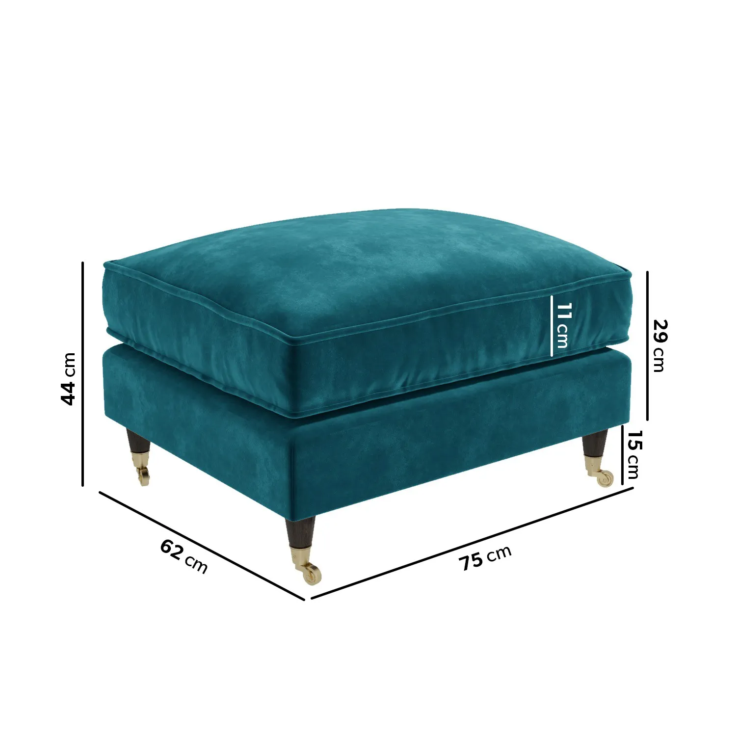 Large Footstool with Castors - Teal, Velvet