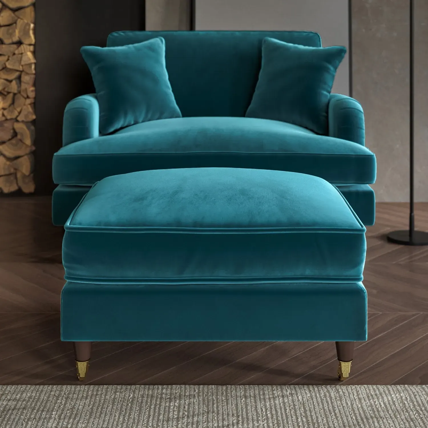 Large Footstool with Castors - Teal, Velvet