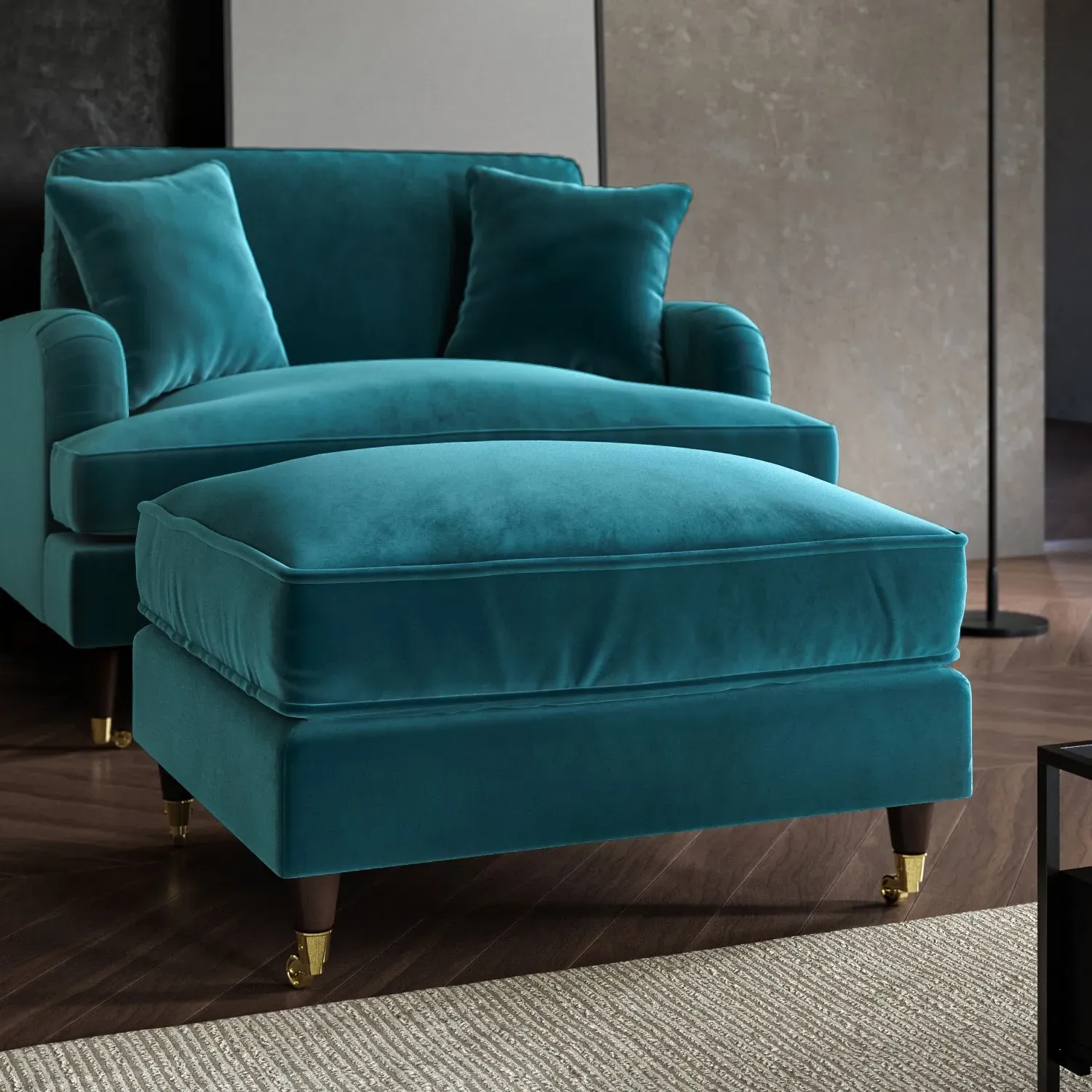 Large Footstool with Castors - Teal, Velvet
