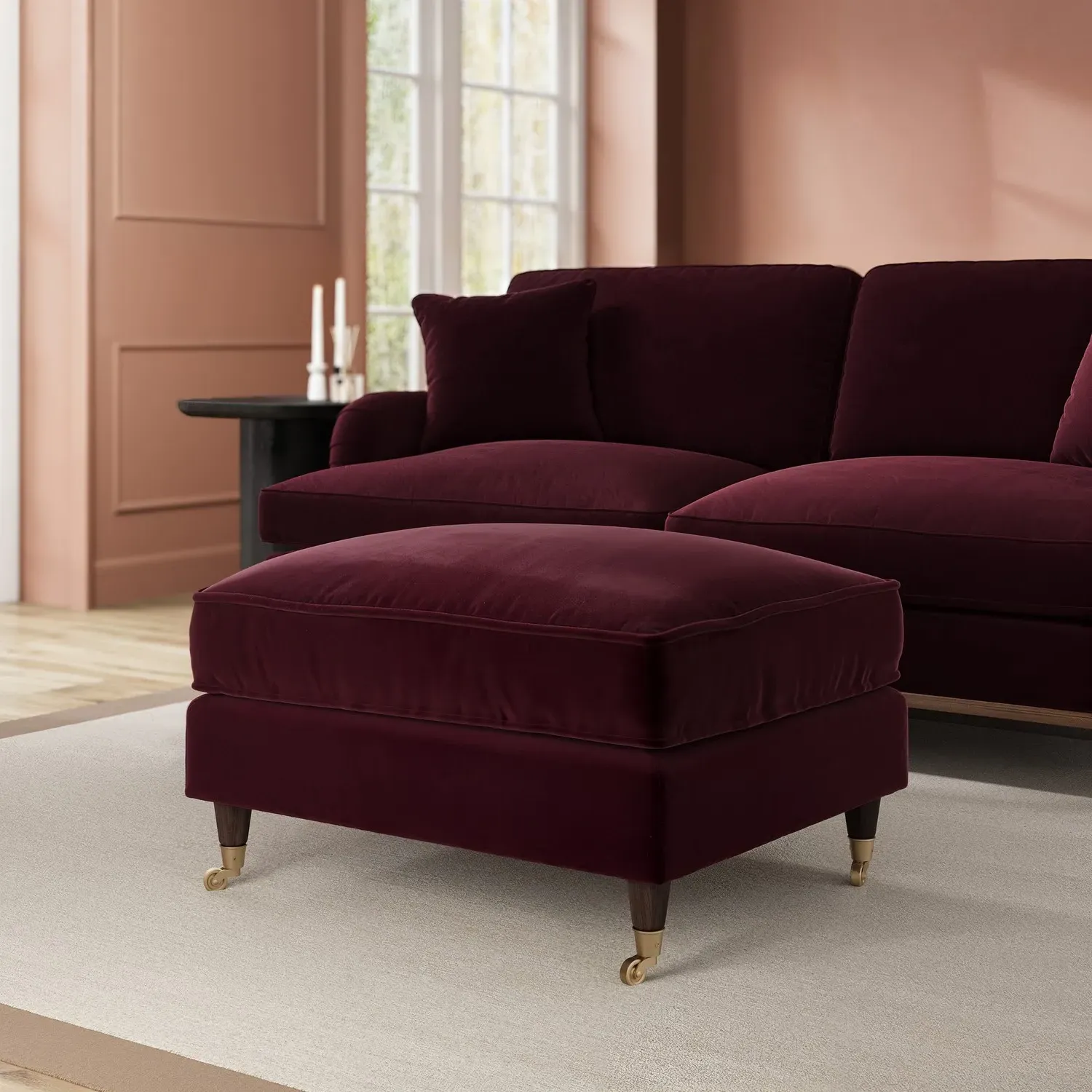 Large Footstool with Wheels - Burgundy, Velvet image