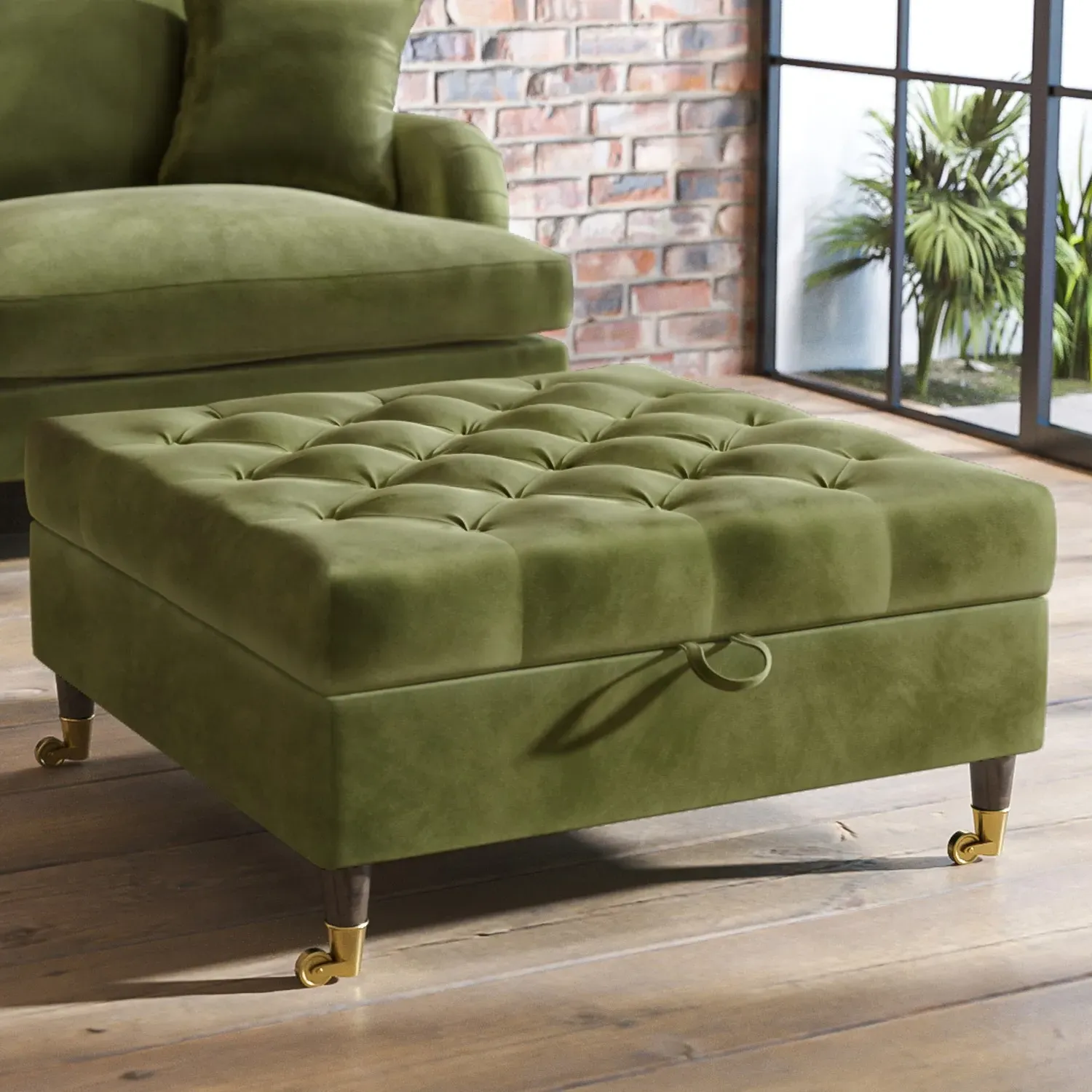 Large Storage Footstool - Olive Green, Velvet