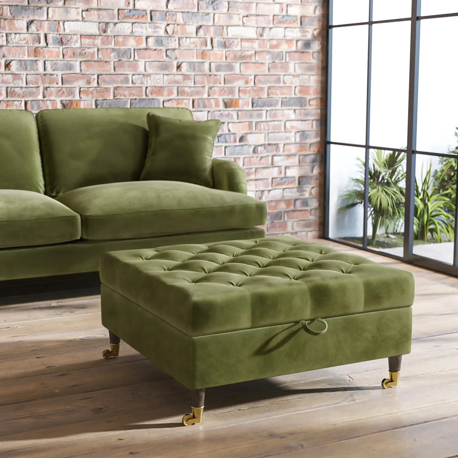 Large Storage Footstool - Olive Green, Velvet