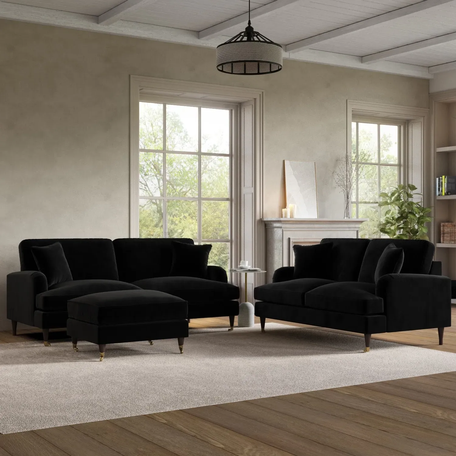 Multi-Piece Sofa Set with Footstool - Black, Velvet image