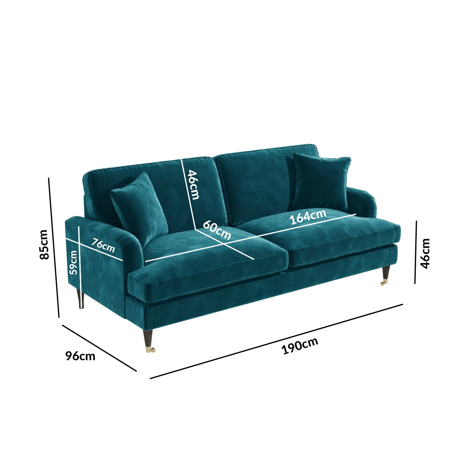 Sofa Set with Castors - Teal, Velvet