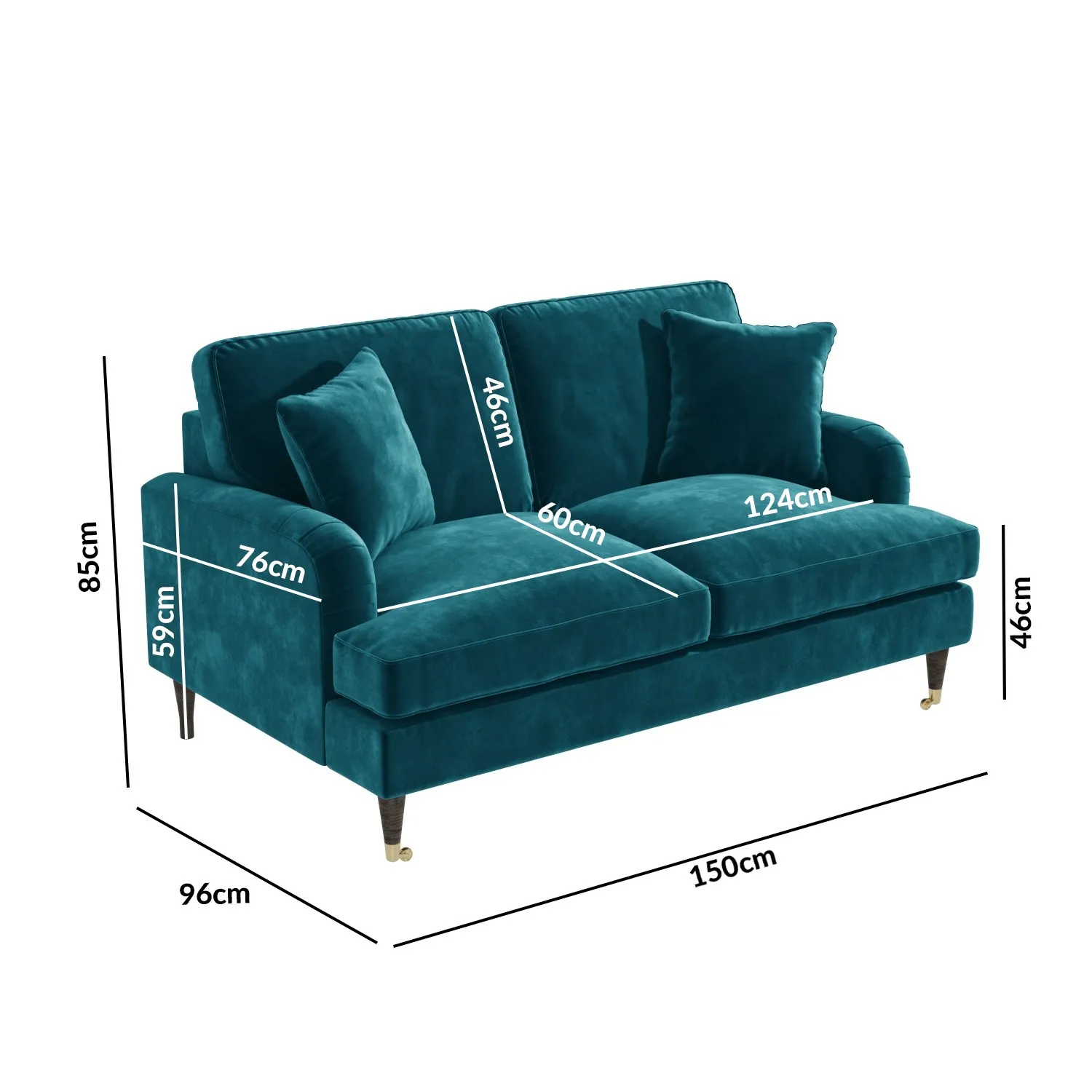 Sofa Set with Castors - Teal, Velvet