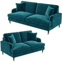 Sofa Set with Castors - Teal, Velvet