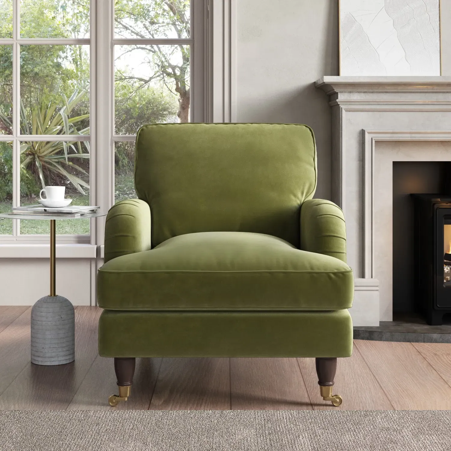 Velvet Armchair with Castors - Green, Velvet