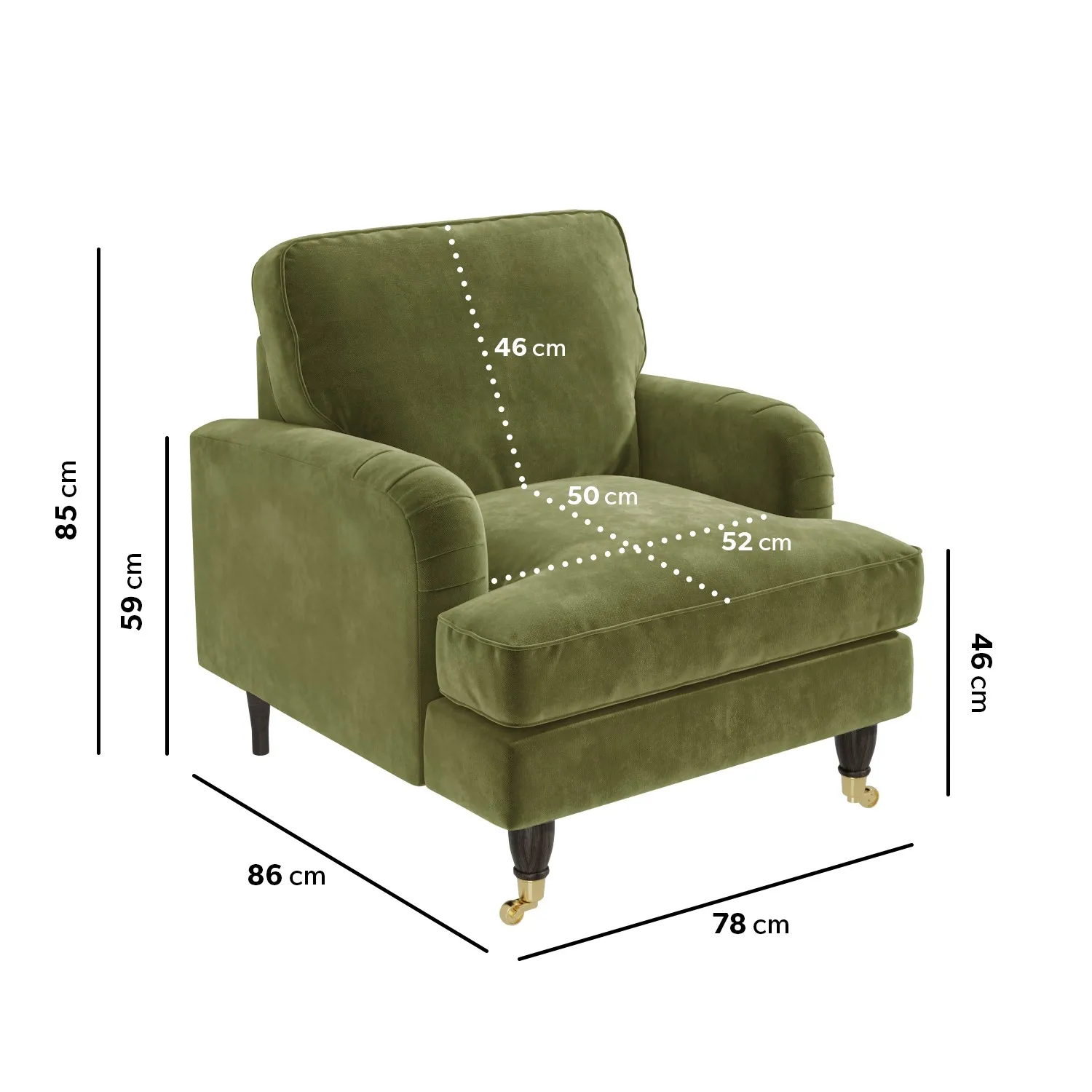 Velvet Armchair with Castors - Green, Velvet