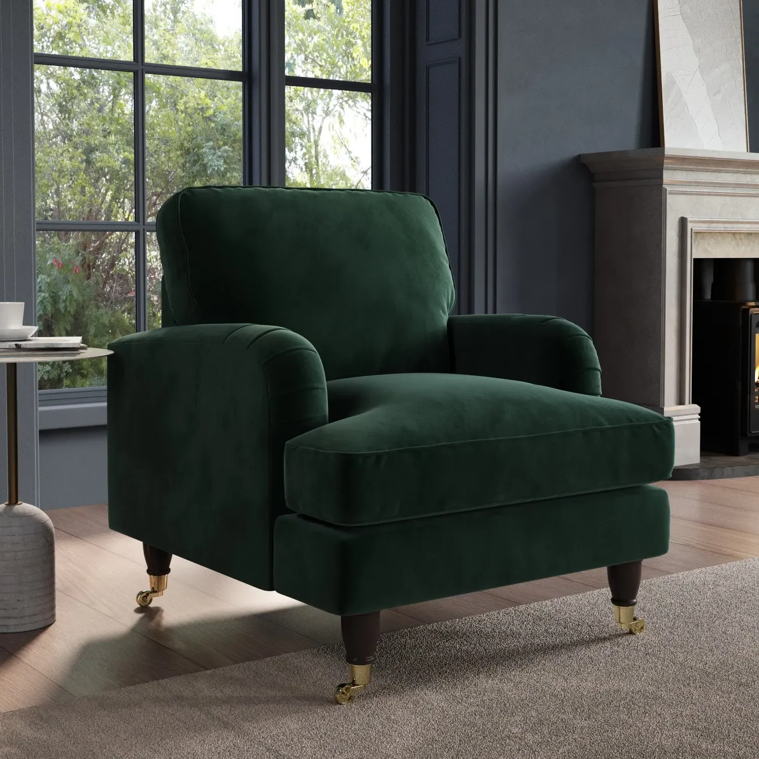 Velvet Armchair with Castors - Green, Velvet image
