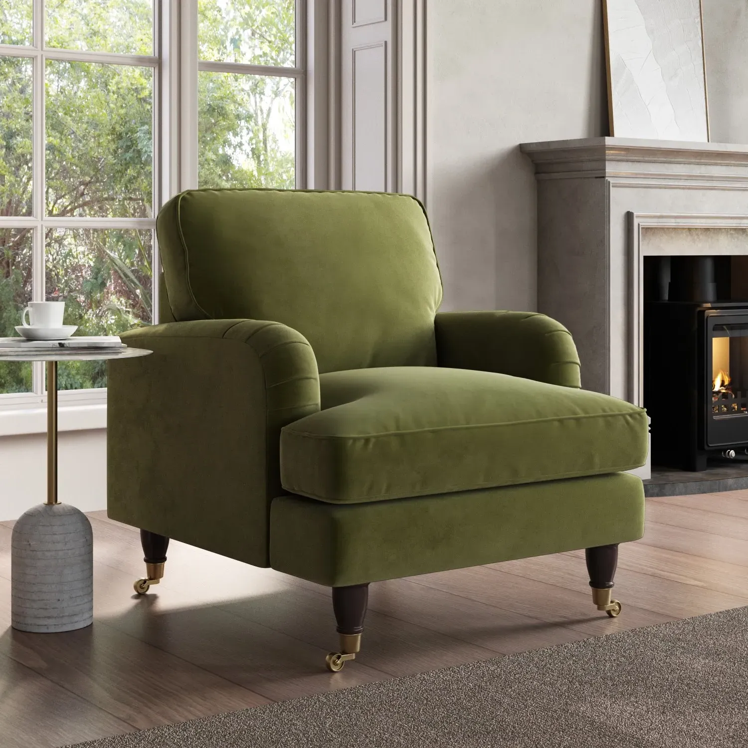 Velvet Armchair with Castors - Green, Velvet image