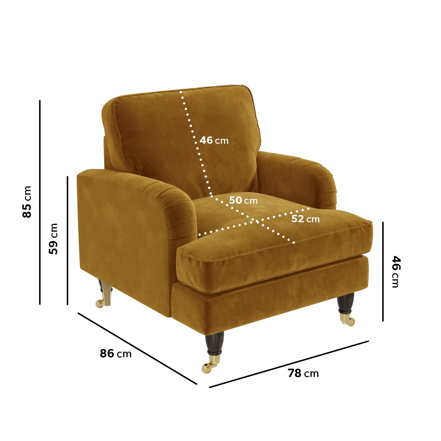 Velvet Armchair with Castors - Mustard, Velvet