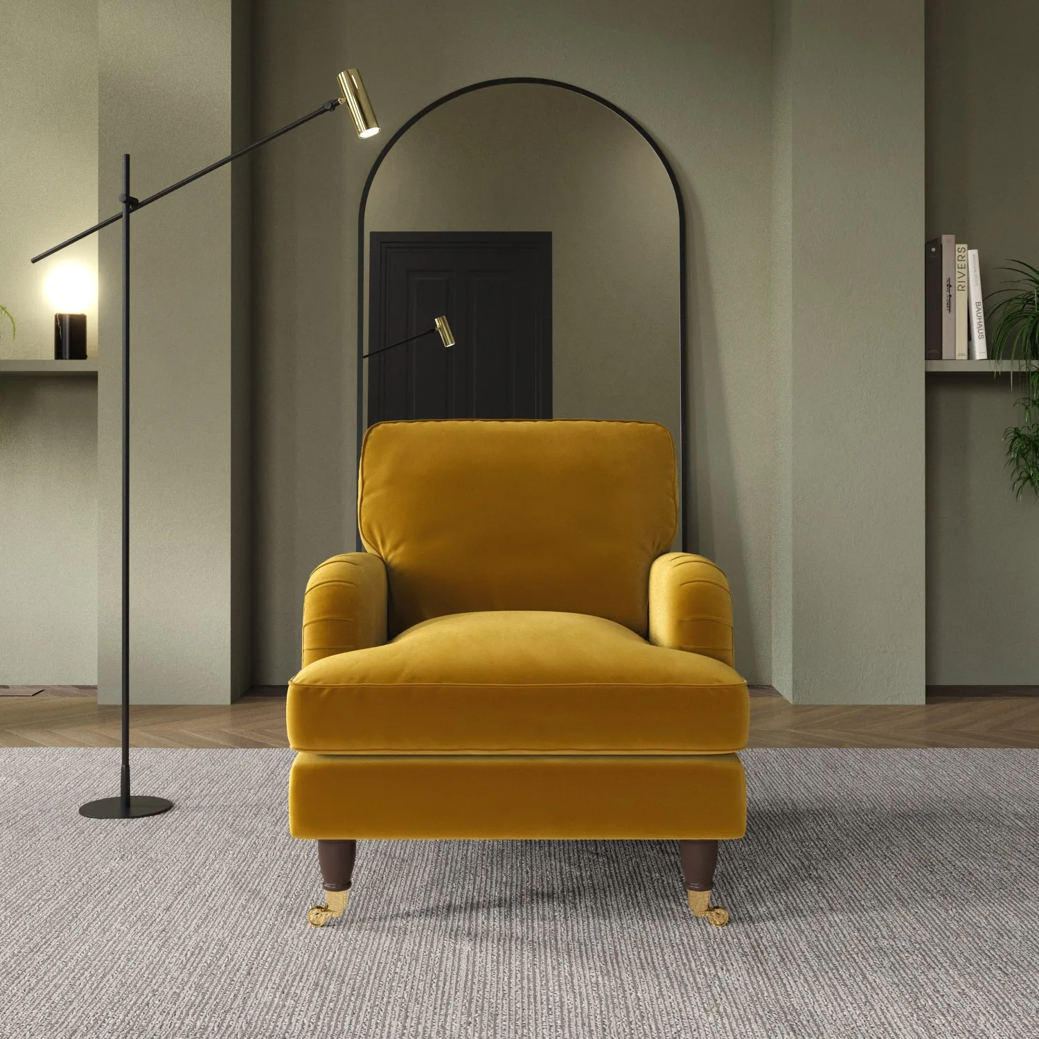 Velvet Armchair with Castors - Mustard, Velvet