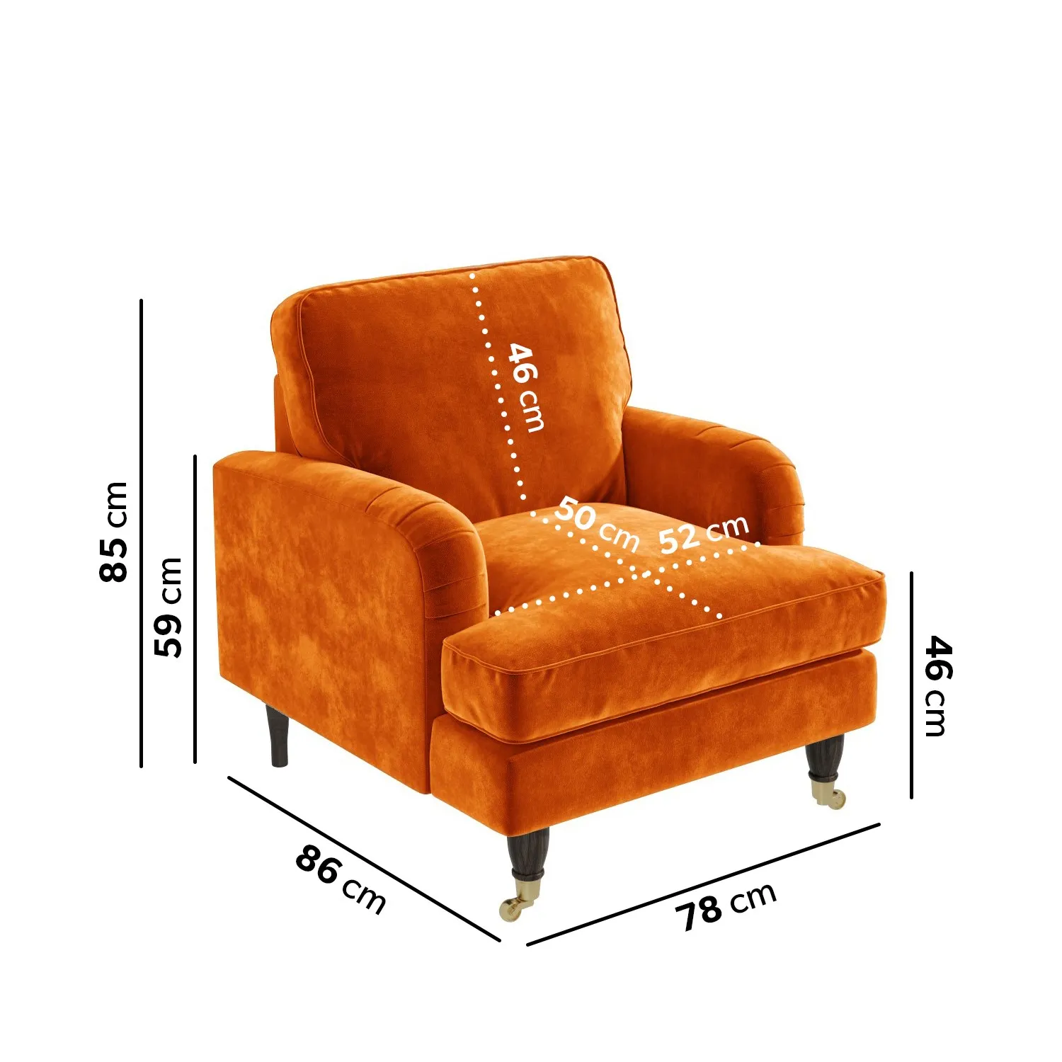 Velvet Armchair with Castors - Orange, Velvet