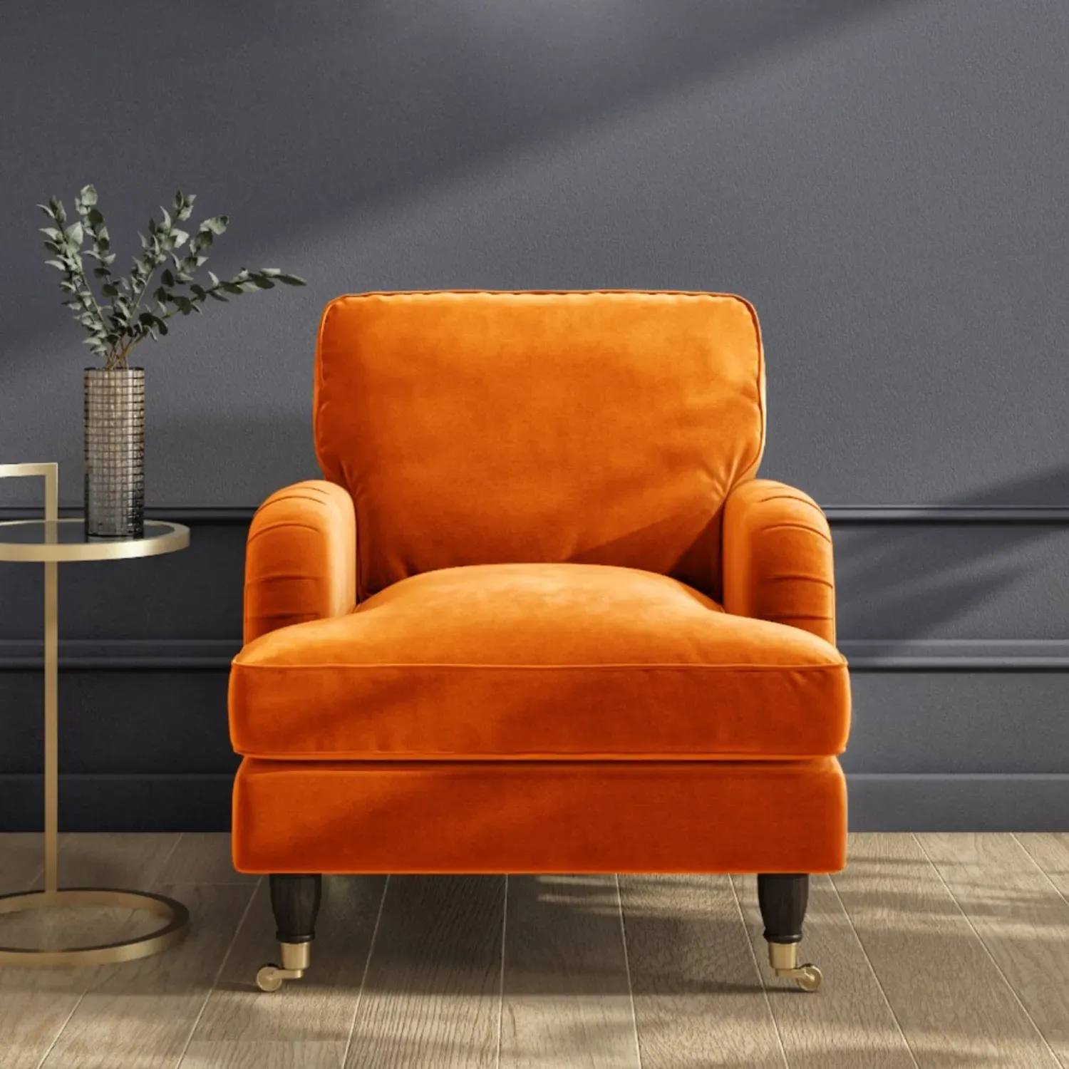 Velvet Armchair with Castors - Orange, Velvet
