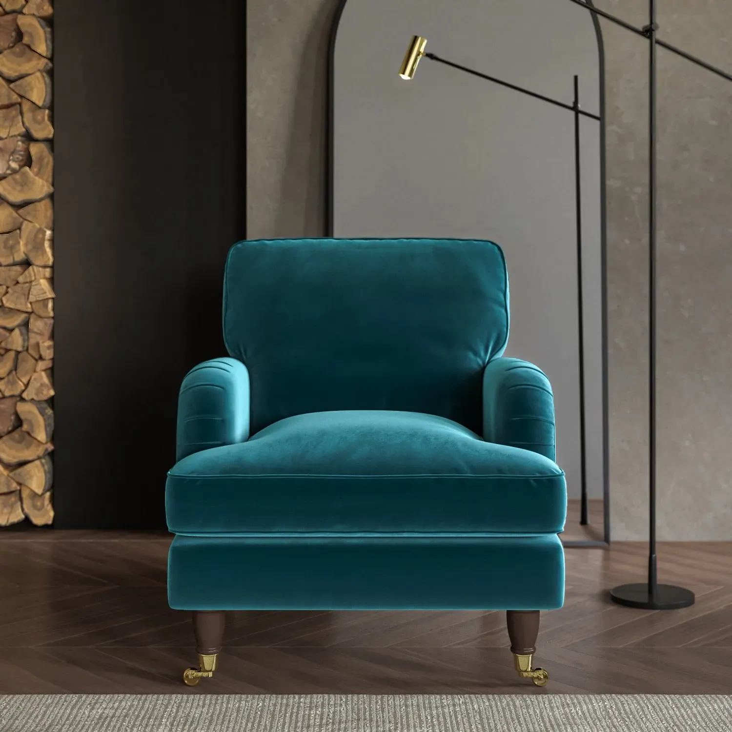 Velvet Armchair with Castors - Teal, Velvet