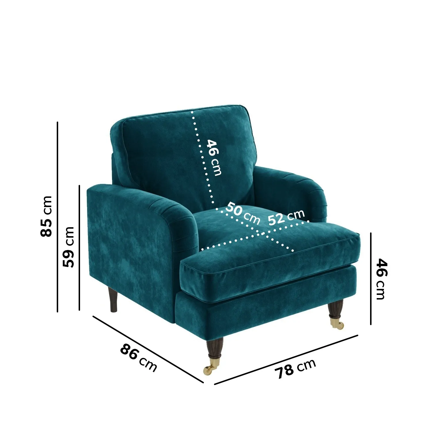 Velvet Armchair with Castors - Teal, Velvet