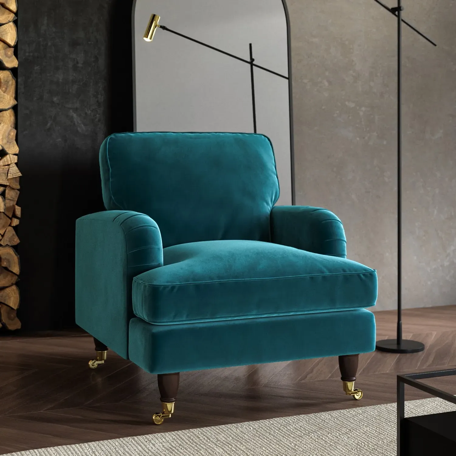 Velvet Armchair with Castors - Teal, Velvet image