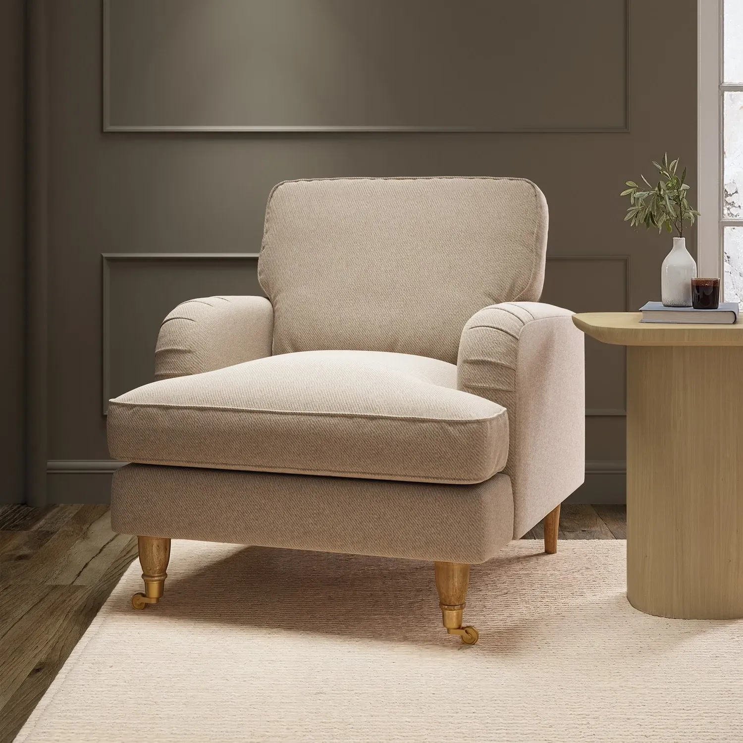 Woven Armchair with Castors - Beige, Fabric