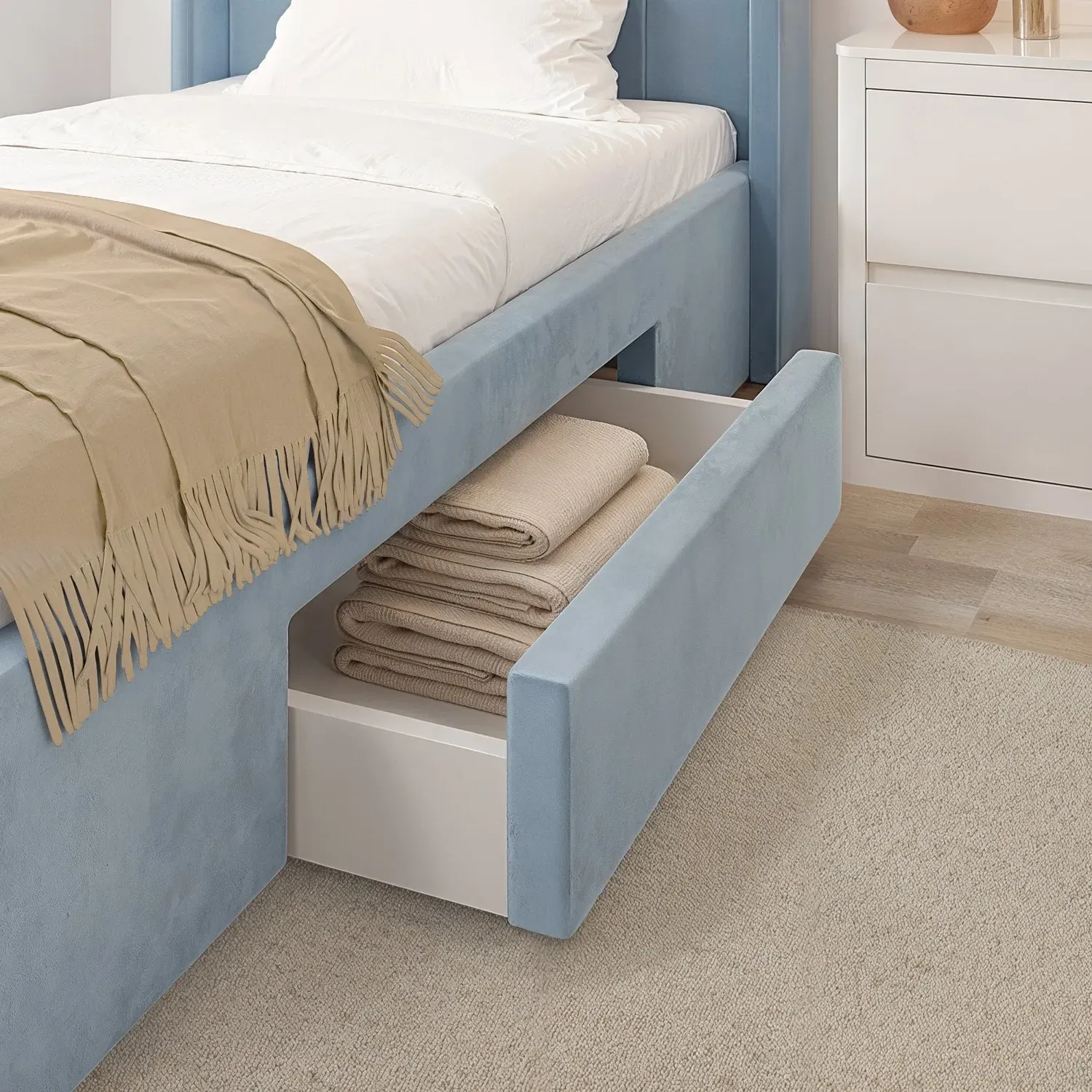 Single Bed Frame with Storage - Blue, Velvet