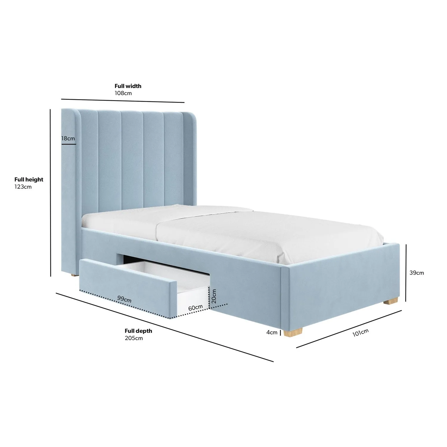 Single Bed Frame with Storage - Blue, Velvet