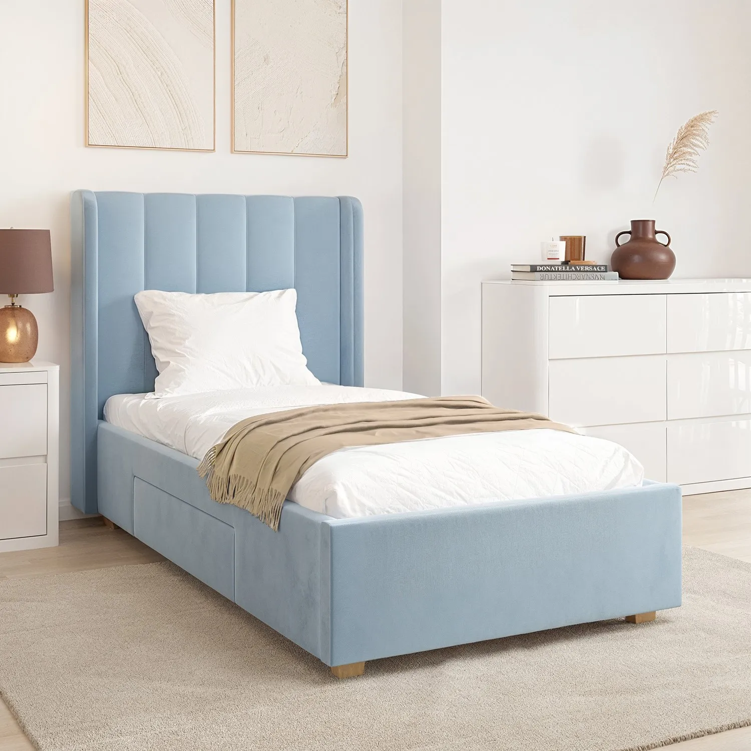 Single Bed Frame with Storage - Blue, Velvet image