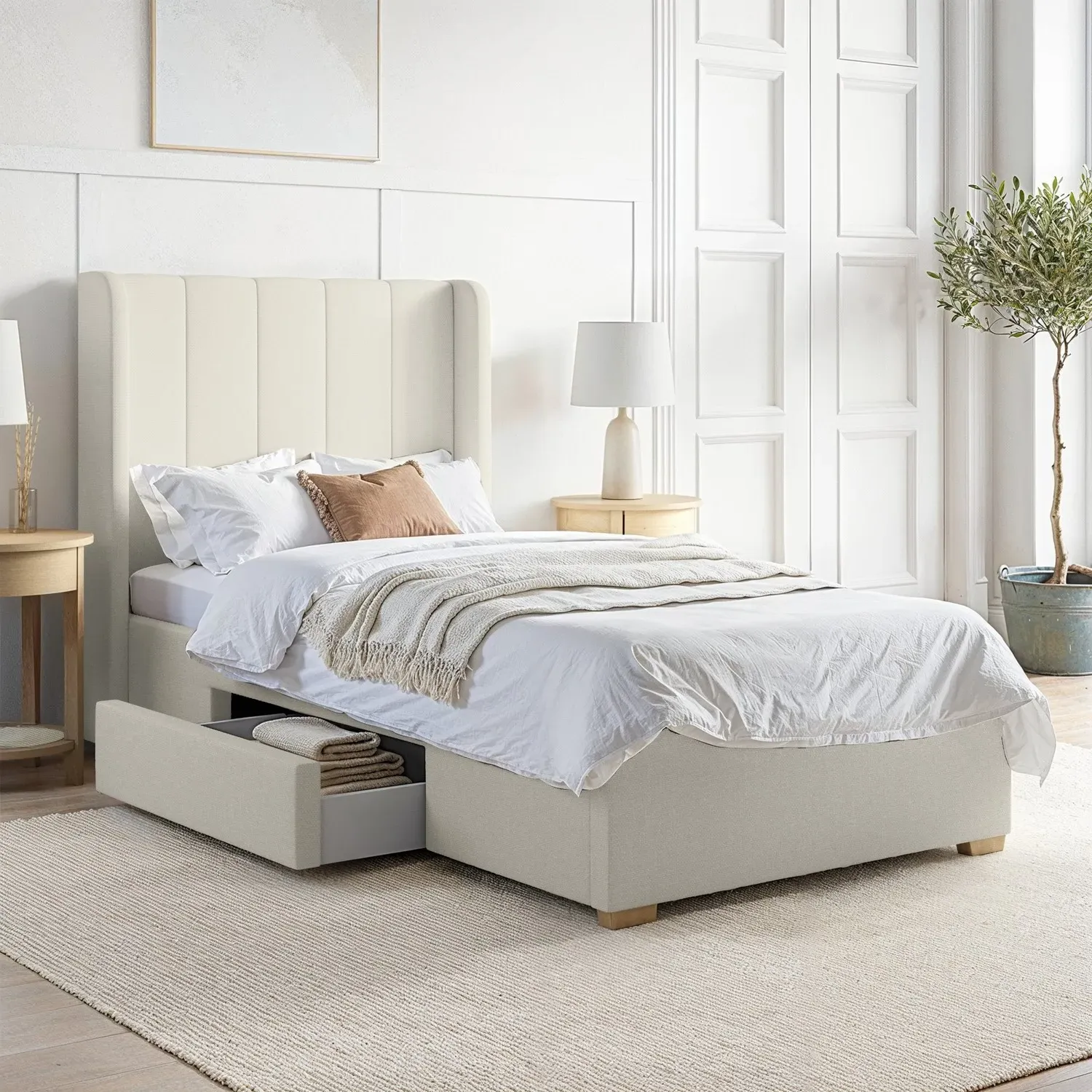 Single Bed Frame with Storage - Cream, Fabric