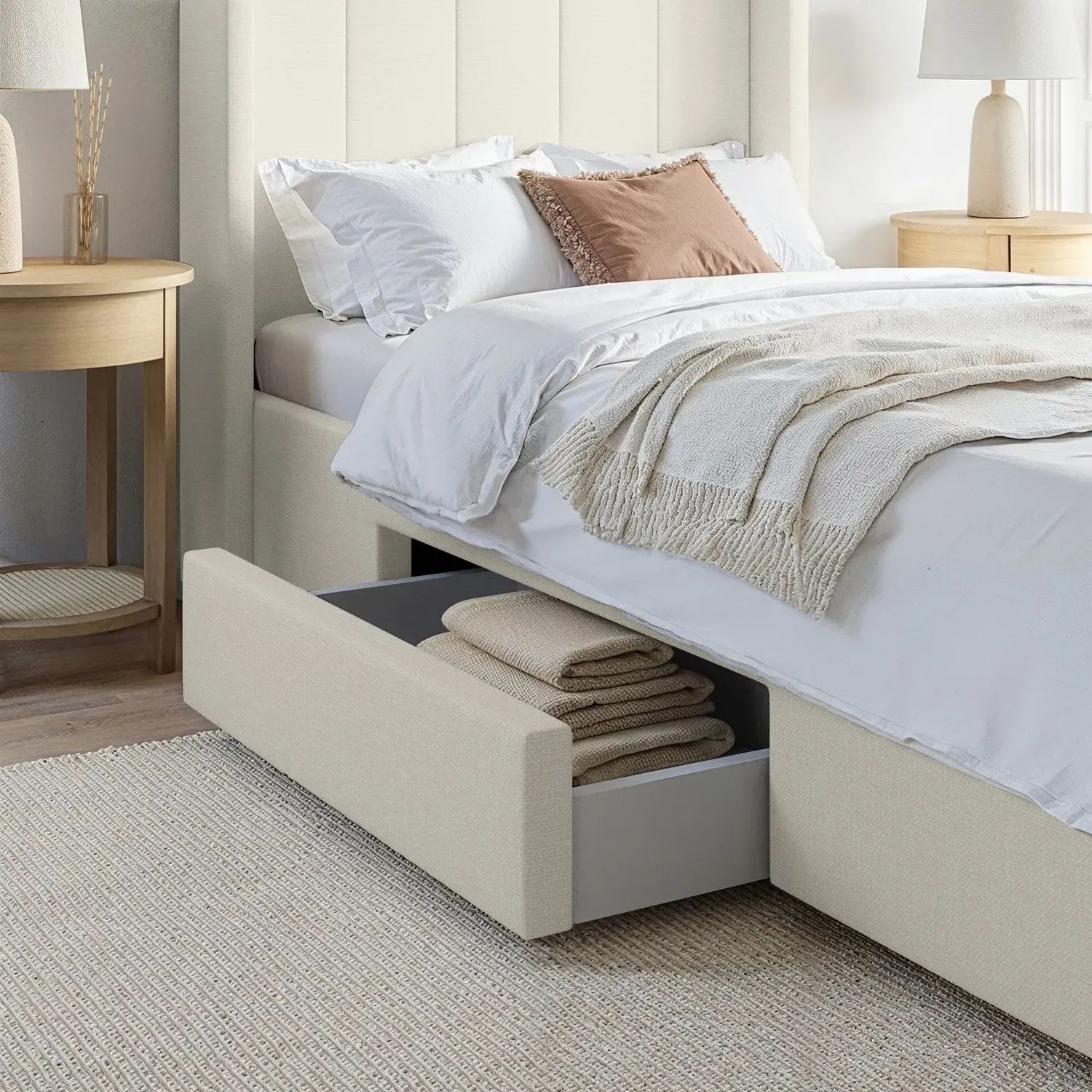 Single Bed Frame with Storage - Cream, Fabric