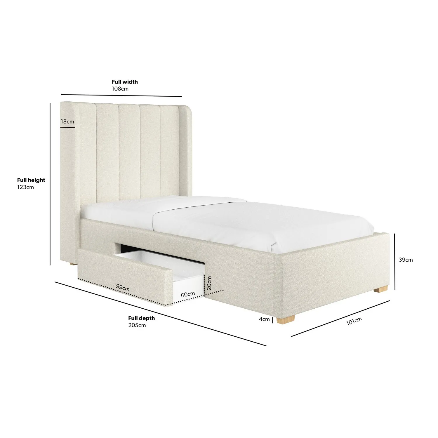 Single Bed Frame with Storage - Cream, Fabric