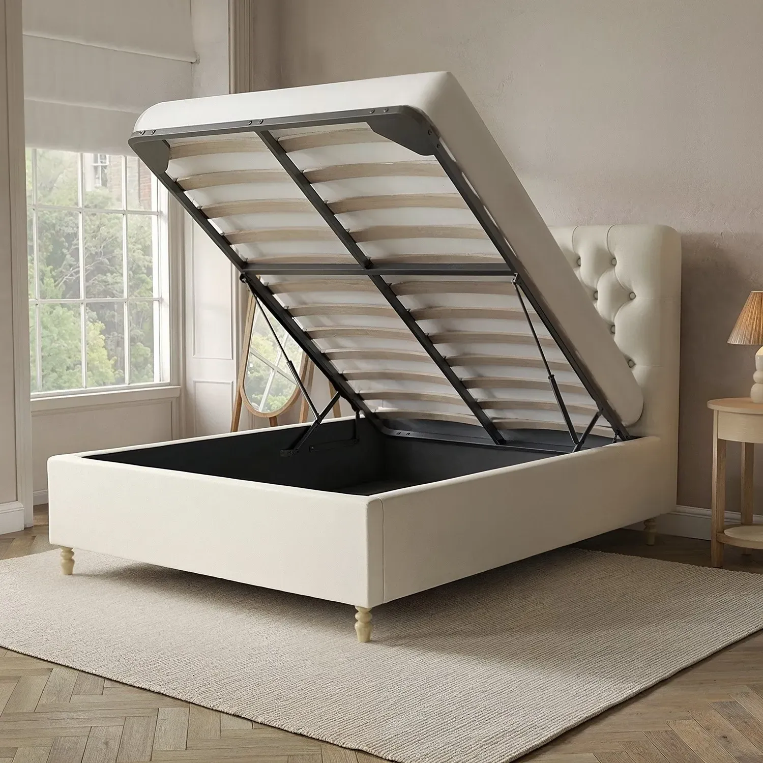 Double Ottoman Bed with Storage - Cream, Fabric