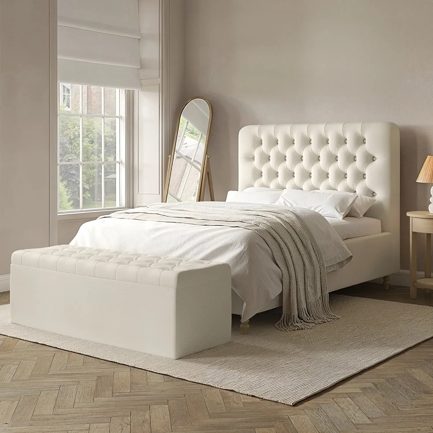 Double Ottoman Bed with Storage - Cream, Fabric