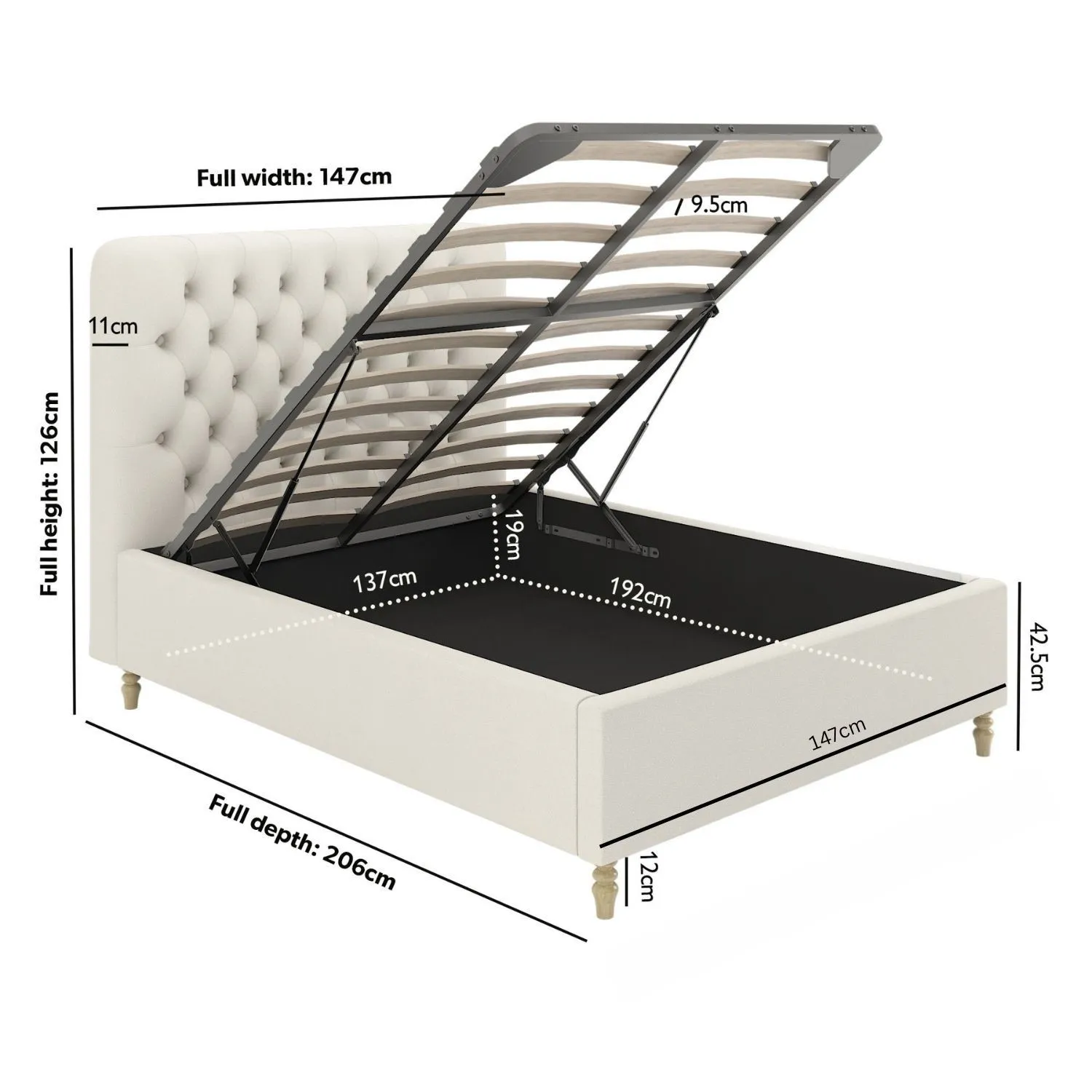 Double Ottoman Bed with Storage - Cream, Fabric