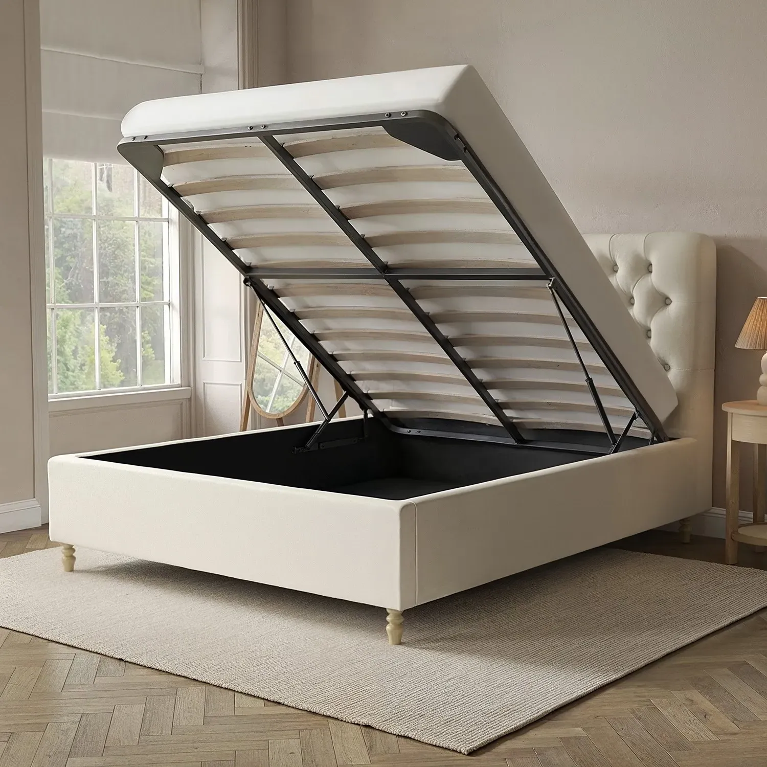 King Size Ottoman Bed with Storage - Cream, Fabric