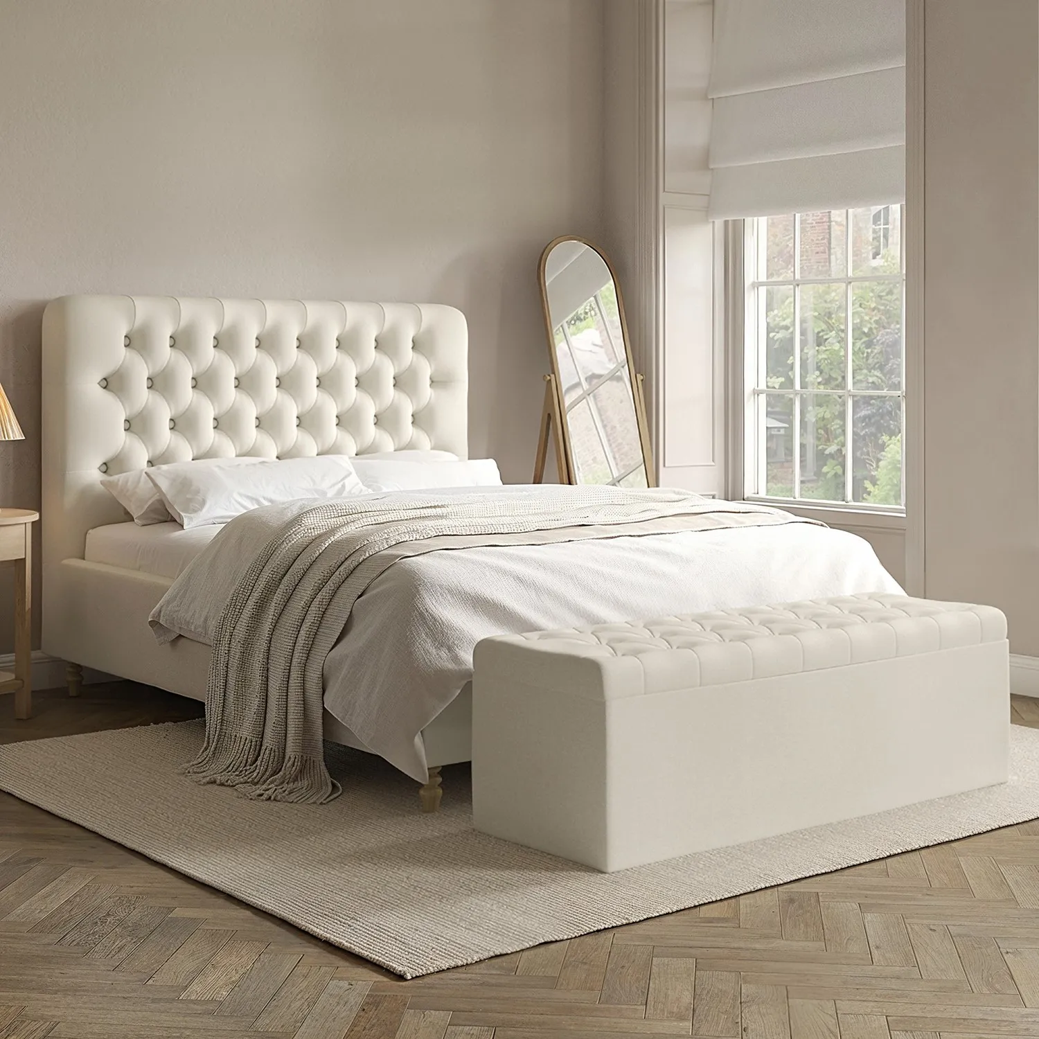 King Size Ottoman Bed with Storage - Cream, Fabric