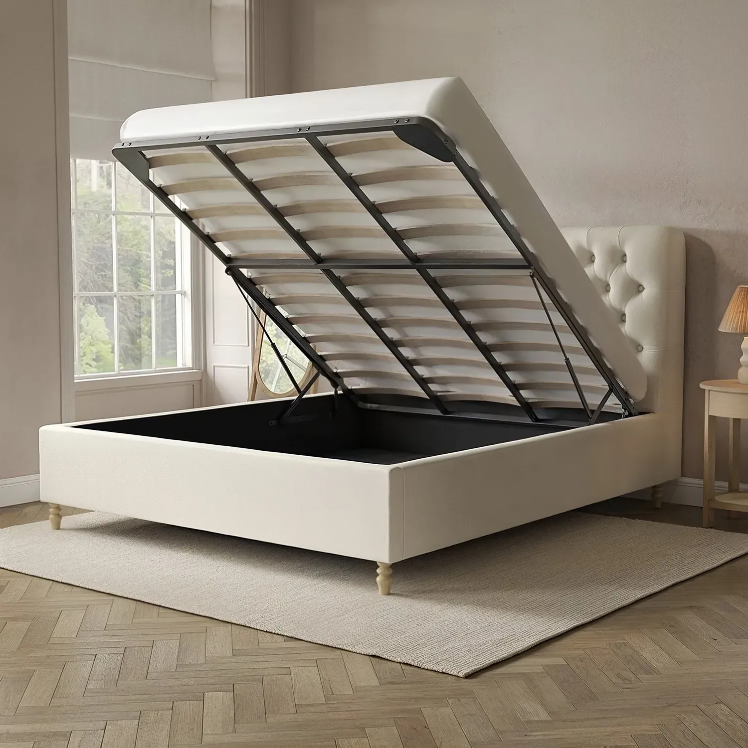 Super King Ottoman Bed with Storage - Cream, Fabric