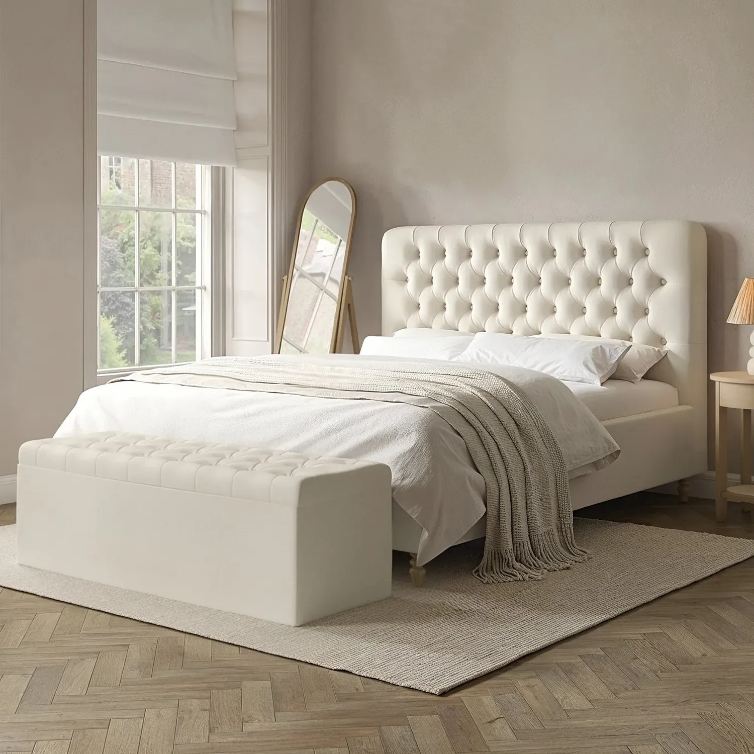 Super King Ottoman Bed with Storage - Cream, Fabric
