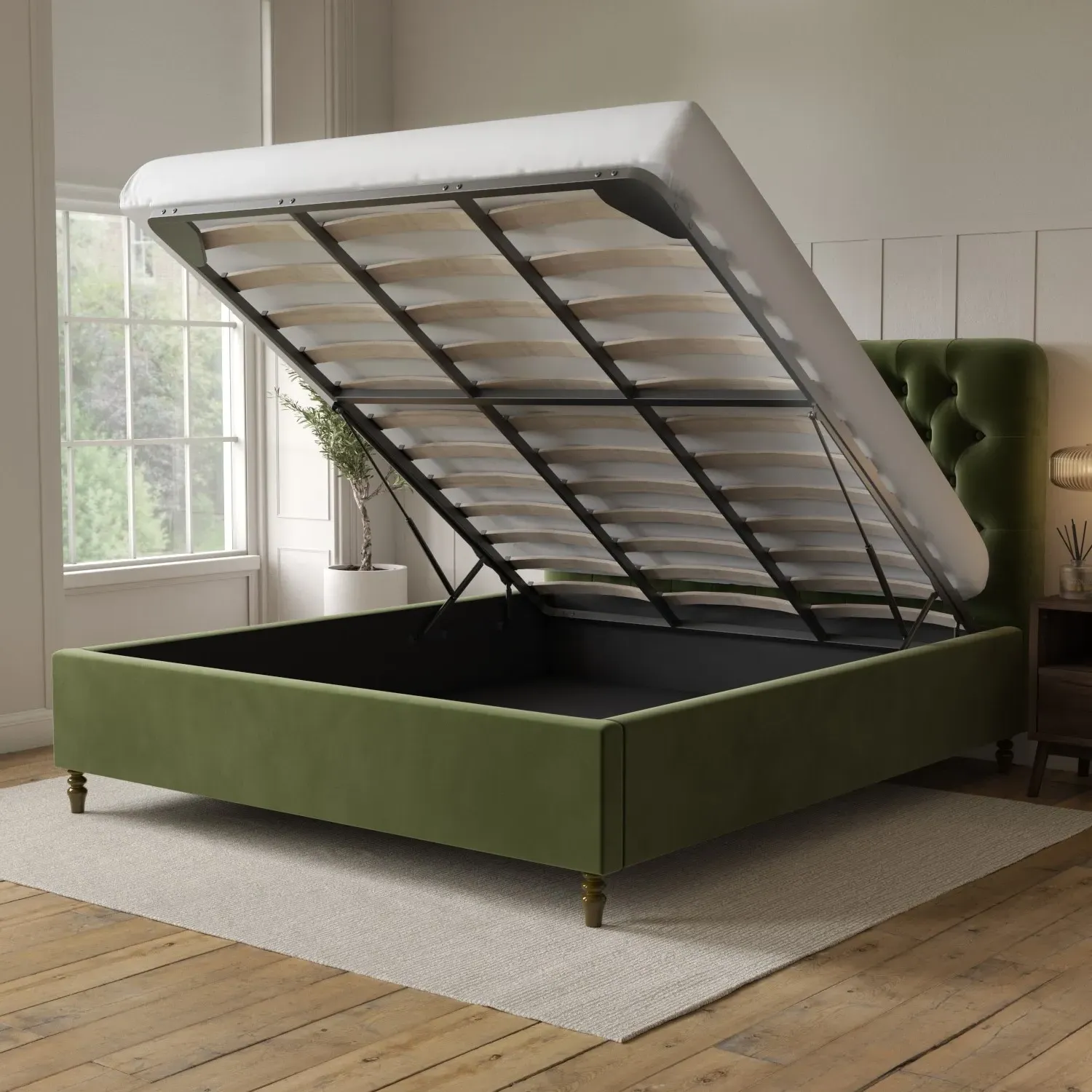 Super King Ottoman Bed with Storage - Green, Velvet
