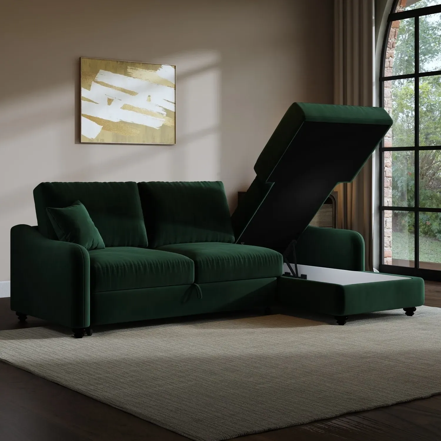 Left Corner Sofa Bed with Storage - Green, Velvet