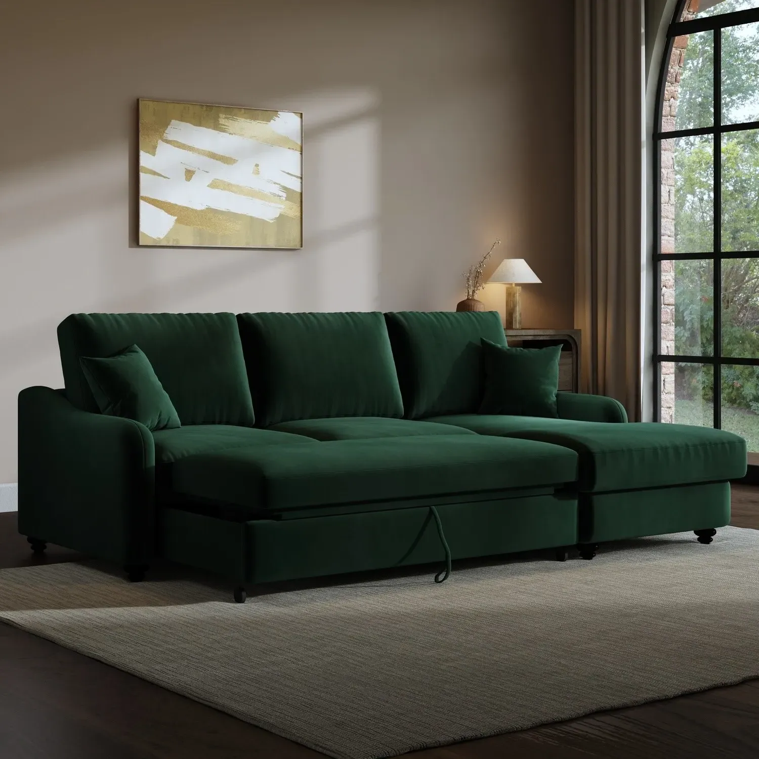 Left Corner Sofa Bed with Storage - Green, Velvet