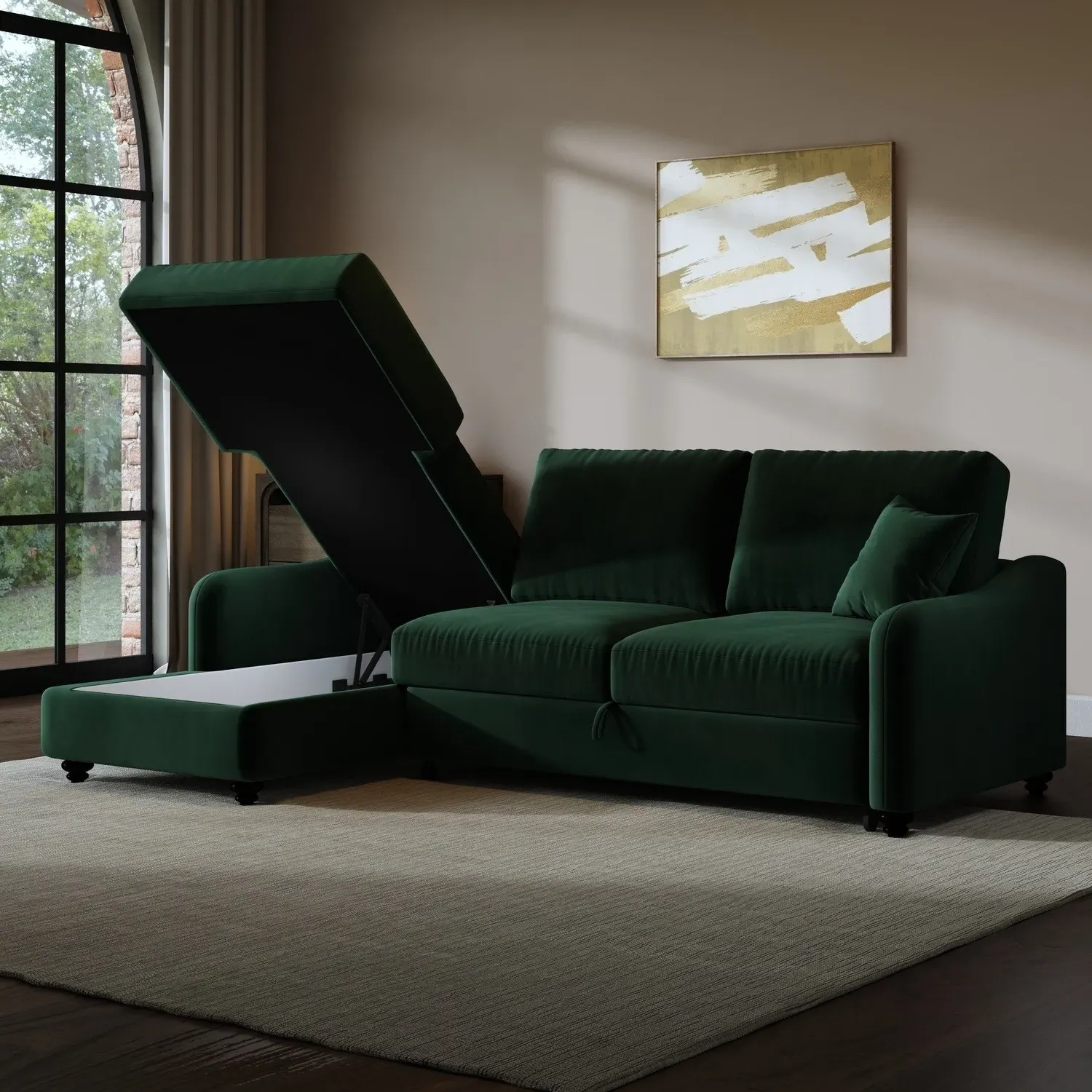 Right Corner Sofa Bed with Storage - Green, Velvet