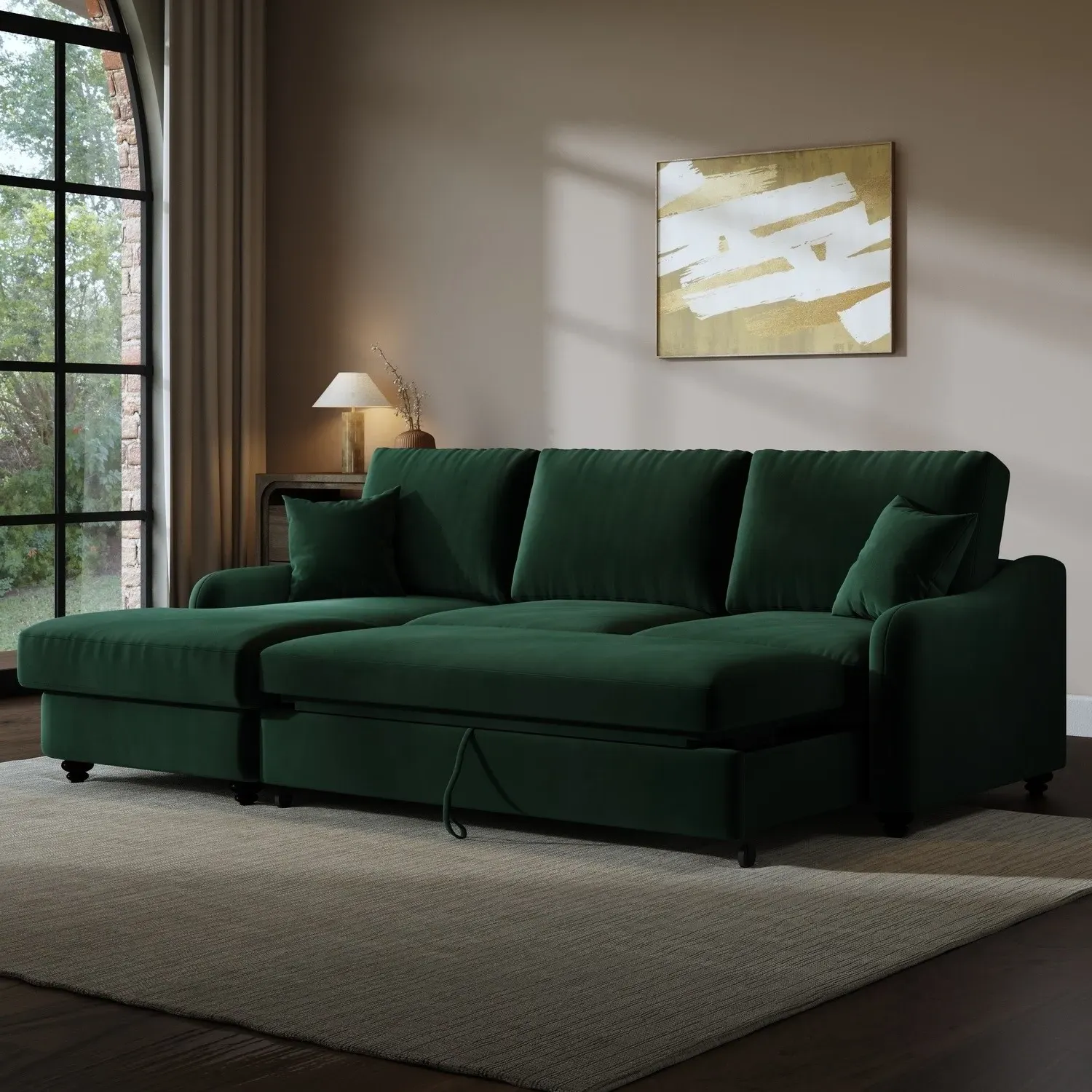 Right Corner Sofa Bed with Storage - Green, Velvet