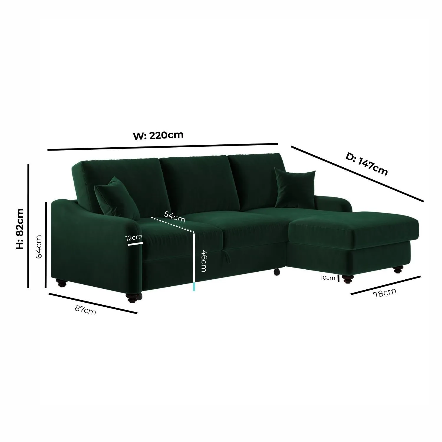 Right Corner Sofa Bed with Storage - Green, Velvet