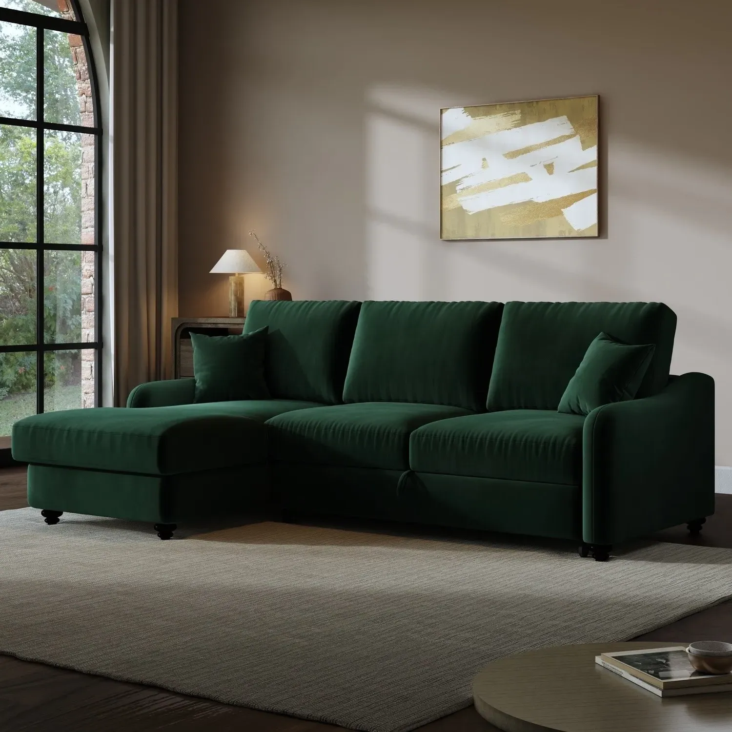 Right Corner Sofa Bed with Storage - Green, Velvet image