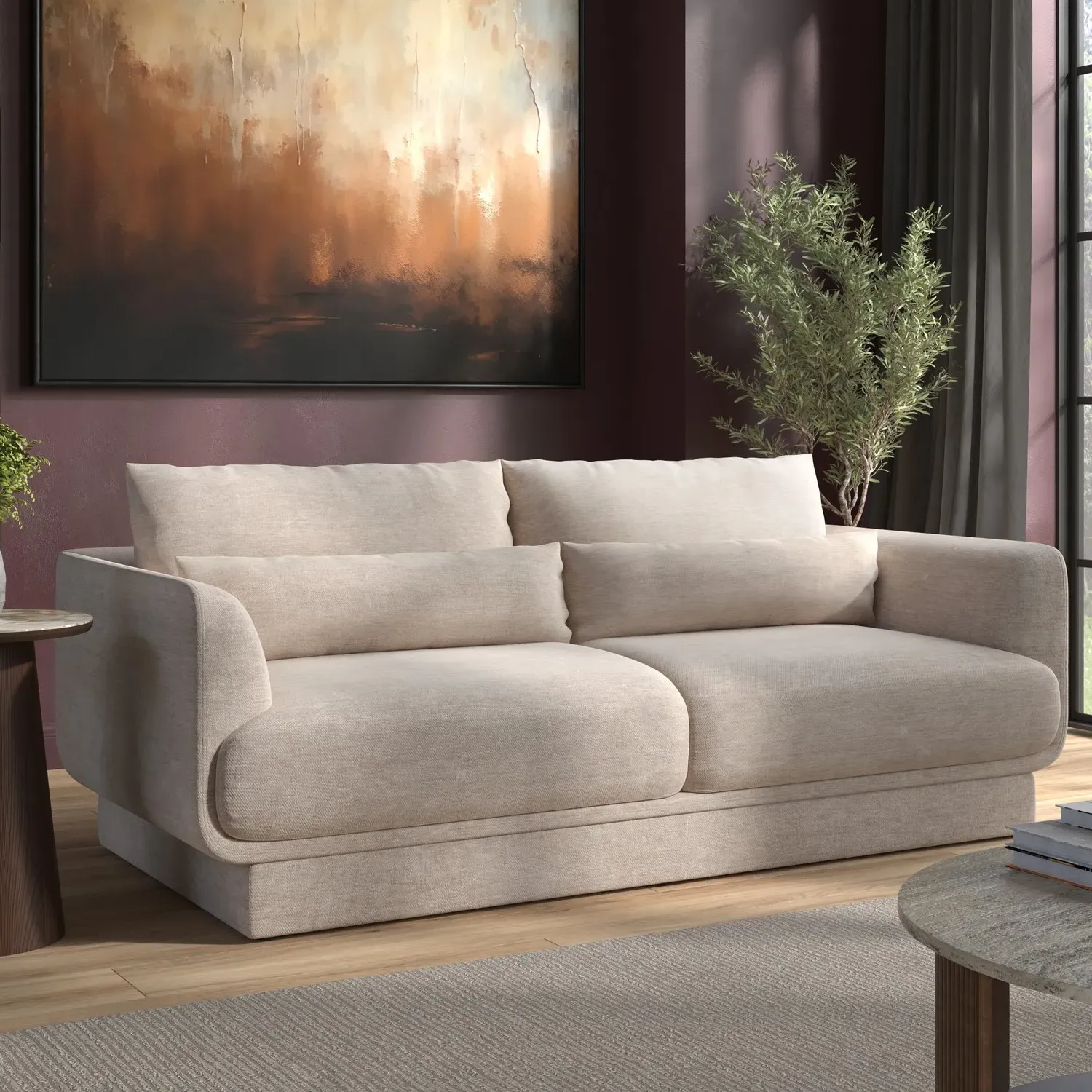 3-Seater Sofa with Cushions - Beige, Chenille