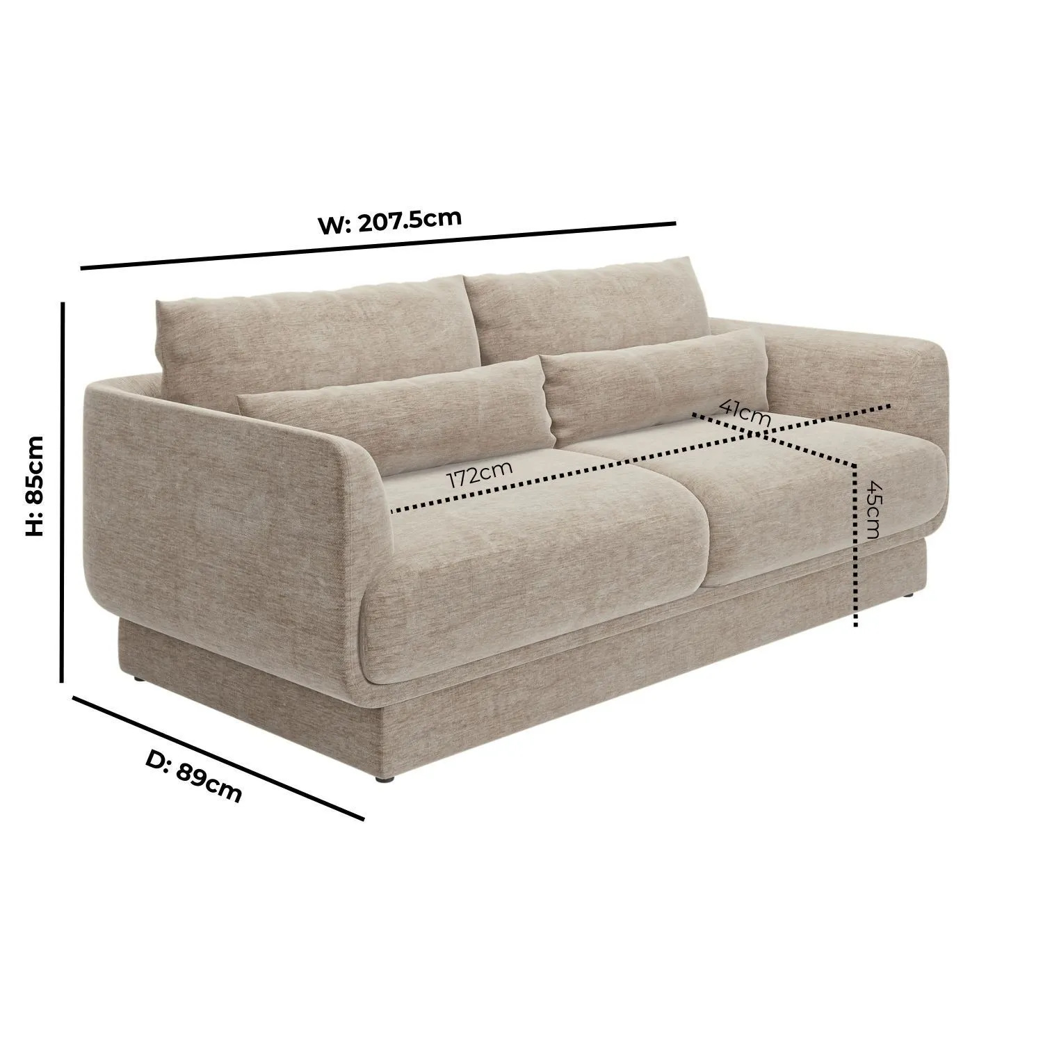 3-Seater Sofa with Cushions - Beige, Chenille