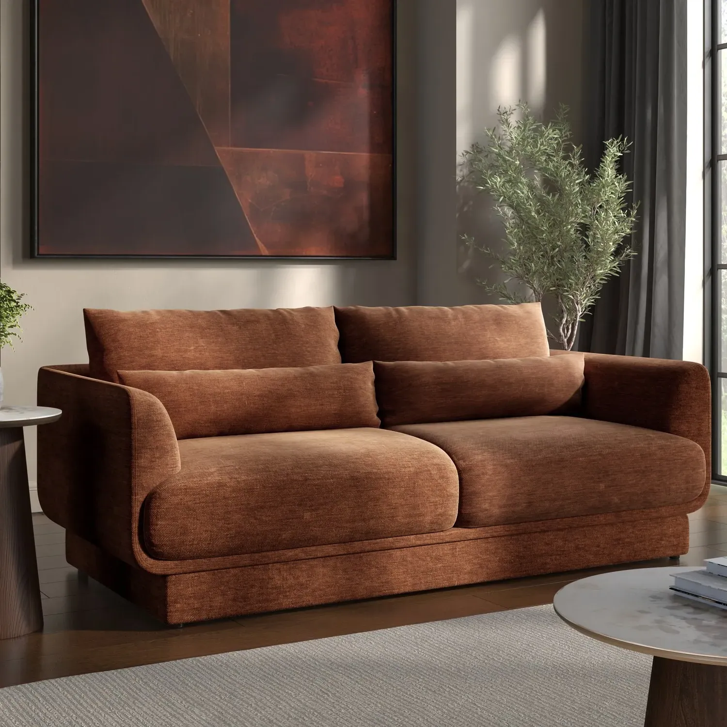 3-Seater Sofa with Cushions - Brown, Chenille