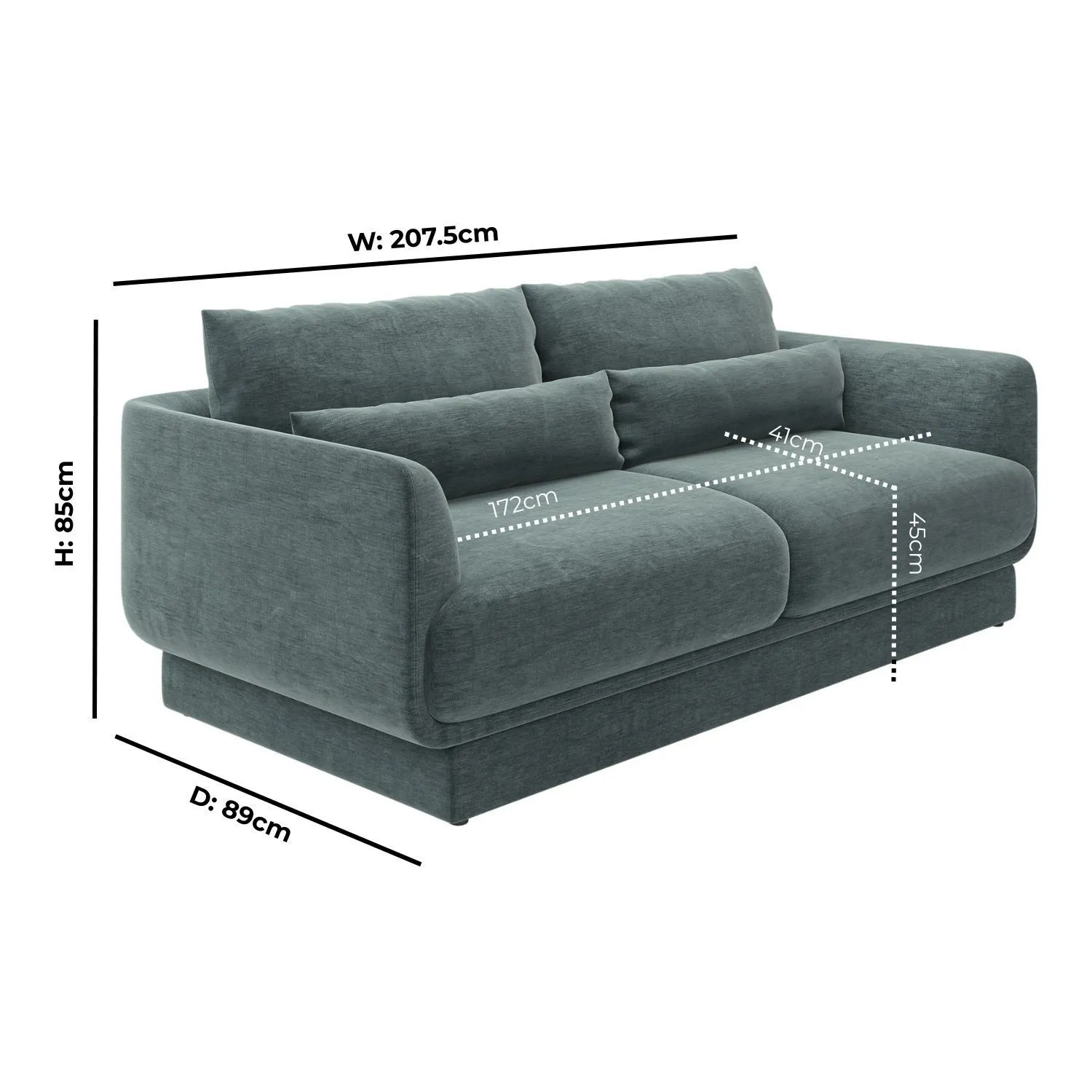 3-Seater Sofa with Removable Cushions - Blue, Chenille