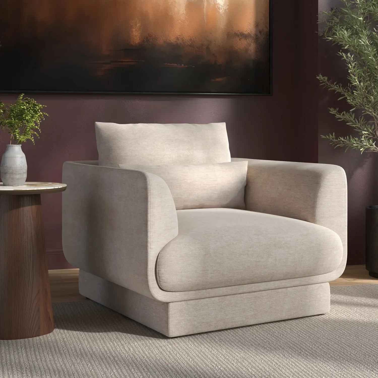Armchair with Cushion - Beige, Chenille