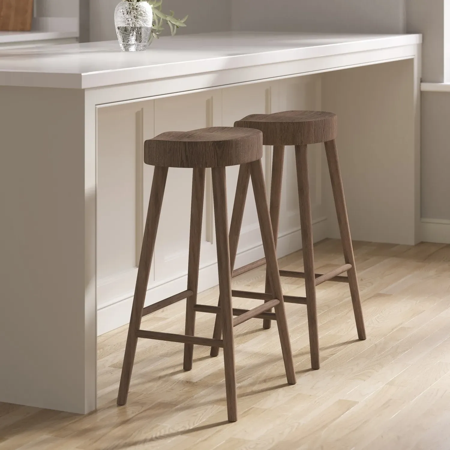 Set of 2 Counter Stools with Footrest - Brown, Oak image