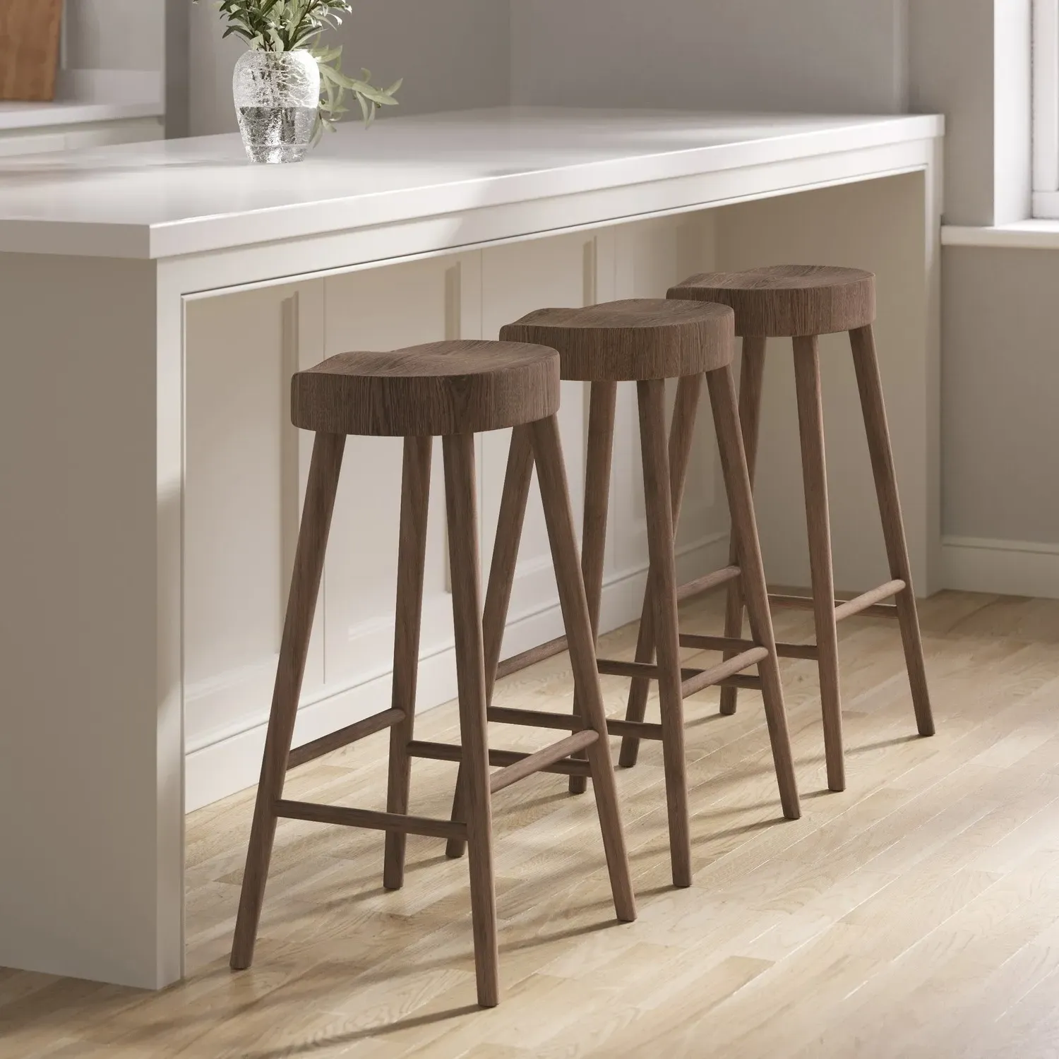 Set of 3 Counter Stools with Footrest - Brown, Oak